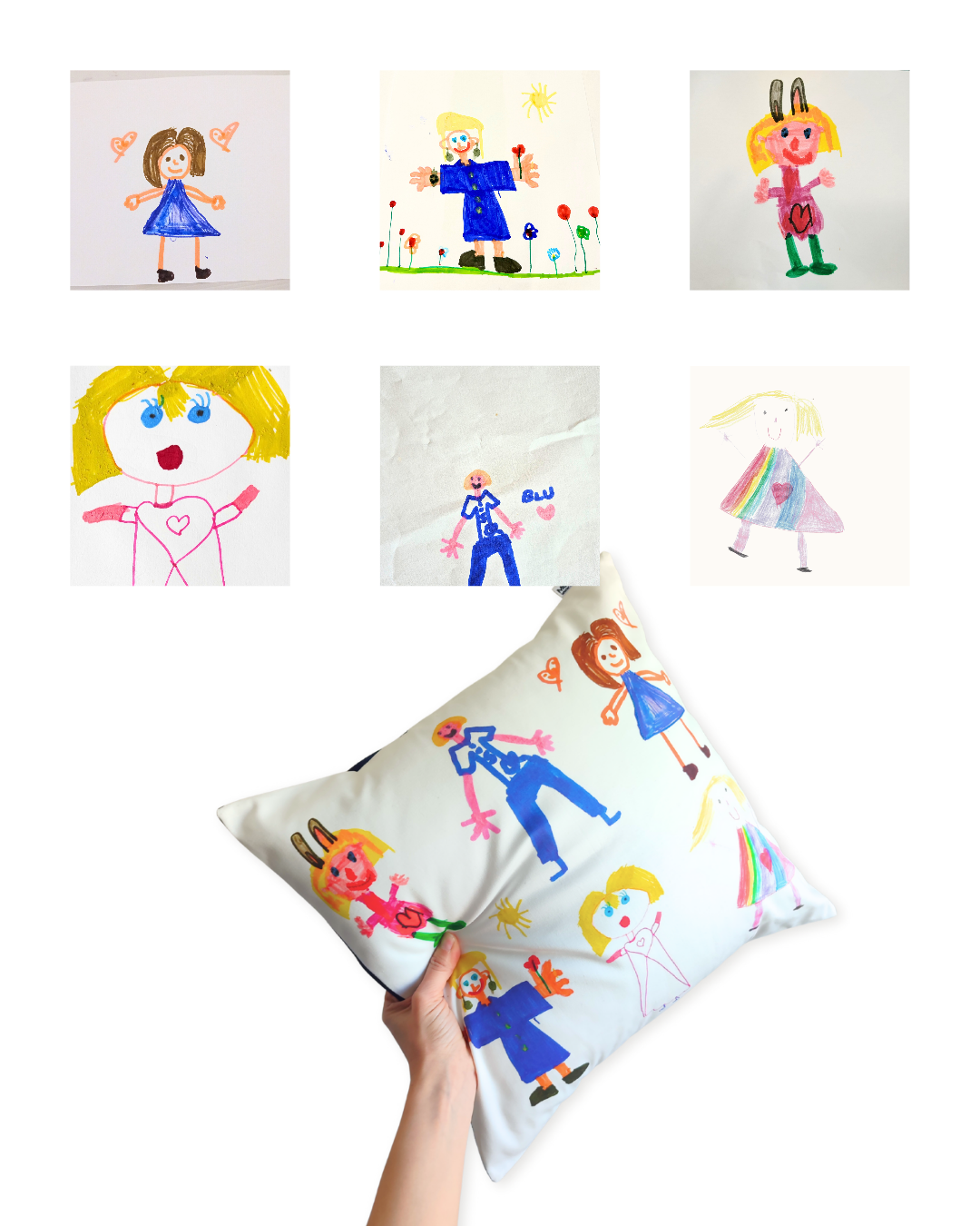 una mano che sorregge un cuscino da divano 40x40 cm con sopra raffigurati sei personaggi disegnati da alcuni bambini. sopra alla foto del cuscino ci sono i disegni originali. probabilmente i personaggi sono la rappresentazione delle maestre viste dai bimbi della classe.