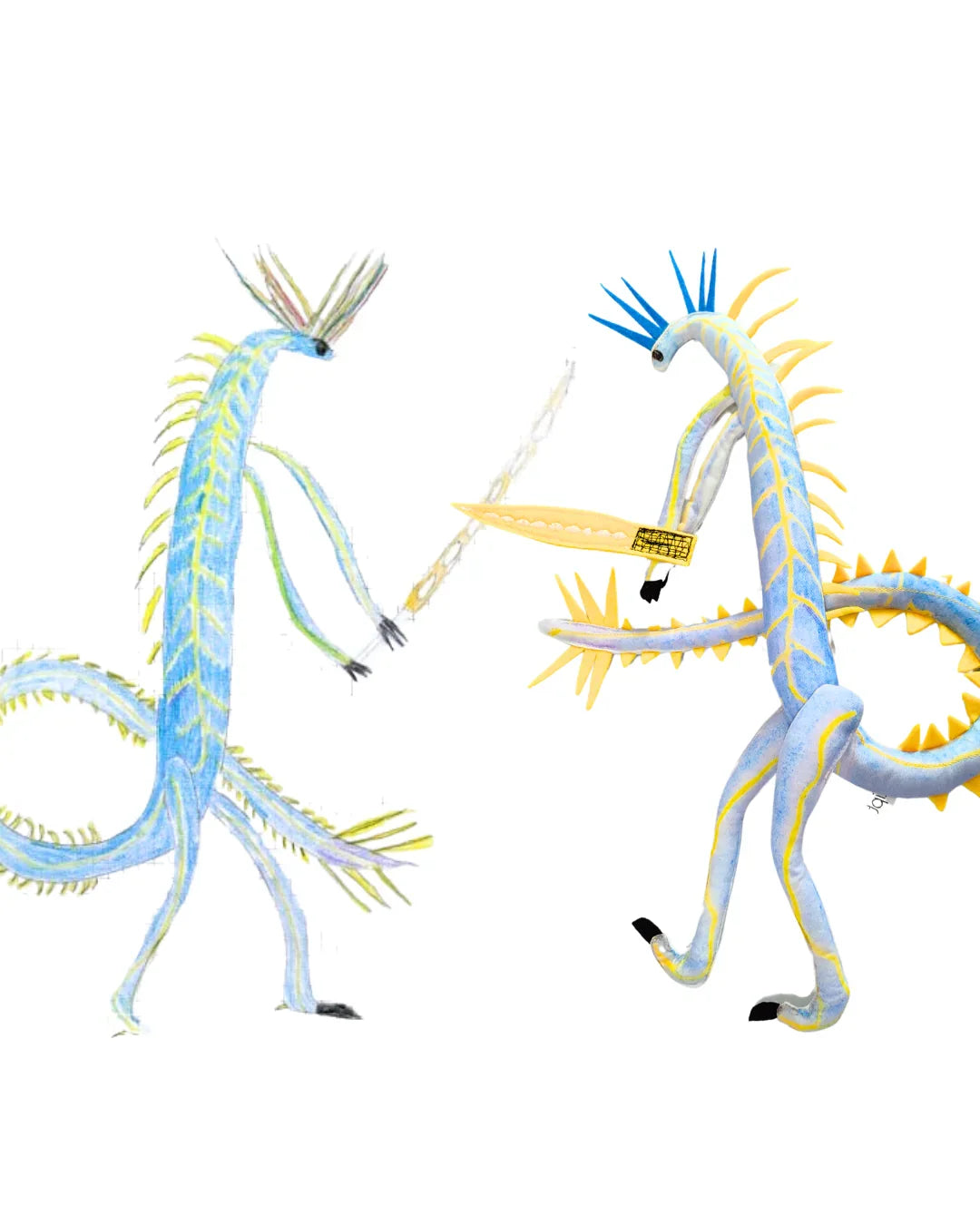 il pupazzo di un drago e il disegno dal quale è stato realizzato lottano insieme. la rappresentazione 2d e il suo corrispettivo tangibile sotto forma di monamì, cioè pupazzo realizzato dal disegno di un bambino, si sfidano simbolicamente.