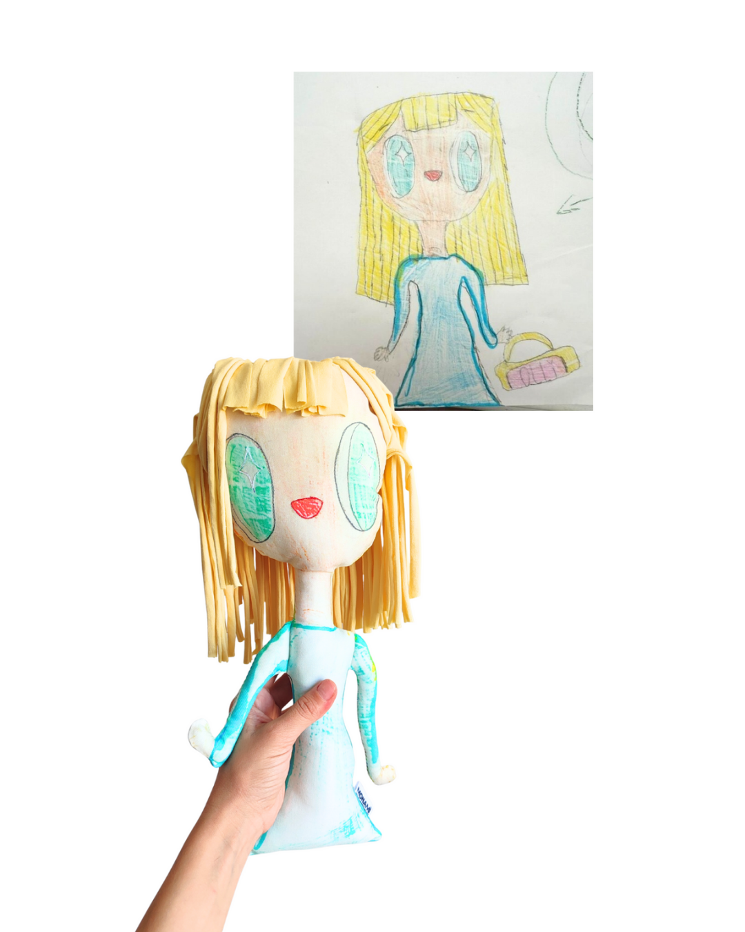il disegno di una bambina che rappresenta una ragazza bionda con grandi occhi azzurri e una borsetta con su scritto "olly" è stato trasformato in un pupazzo monamì. un pupazzo fedele ai tratti originali realizzato in tessuto twill di cotone.