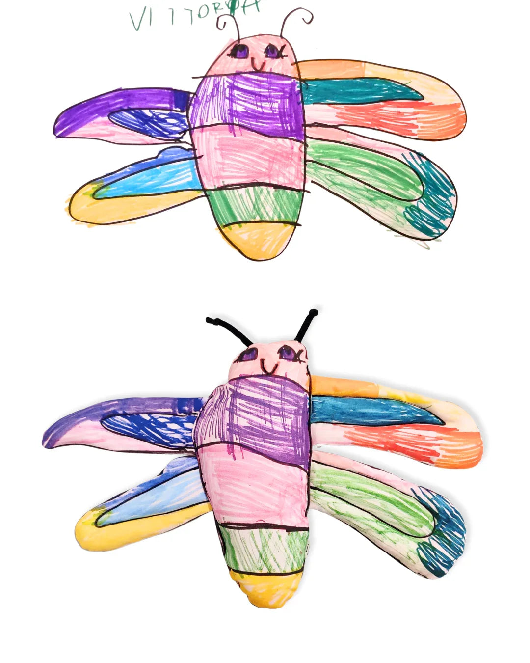 il disegno di una farfalla coloratissima è stato stampato e cucito a mano su tessuto in twill di cotone per poi essere trasformato in un pupazzo artigianale e fedele all'immagine originale. ogni tratto a pennarello del disegno è esattamente come disegnato dalla bambina.