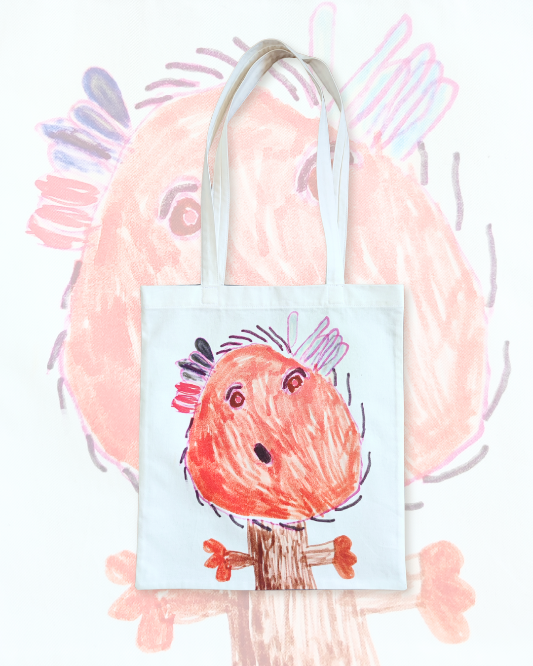 tote bag con il disegno di un bambino impresso con stampa digitale water free. il disegno rappresenta un personaggio con la testa molto grande e il corpo molto piccolo