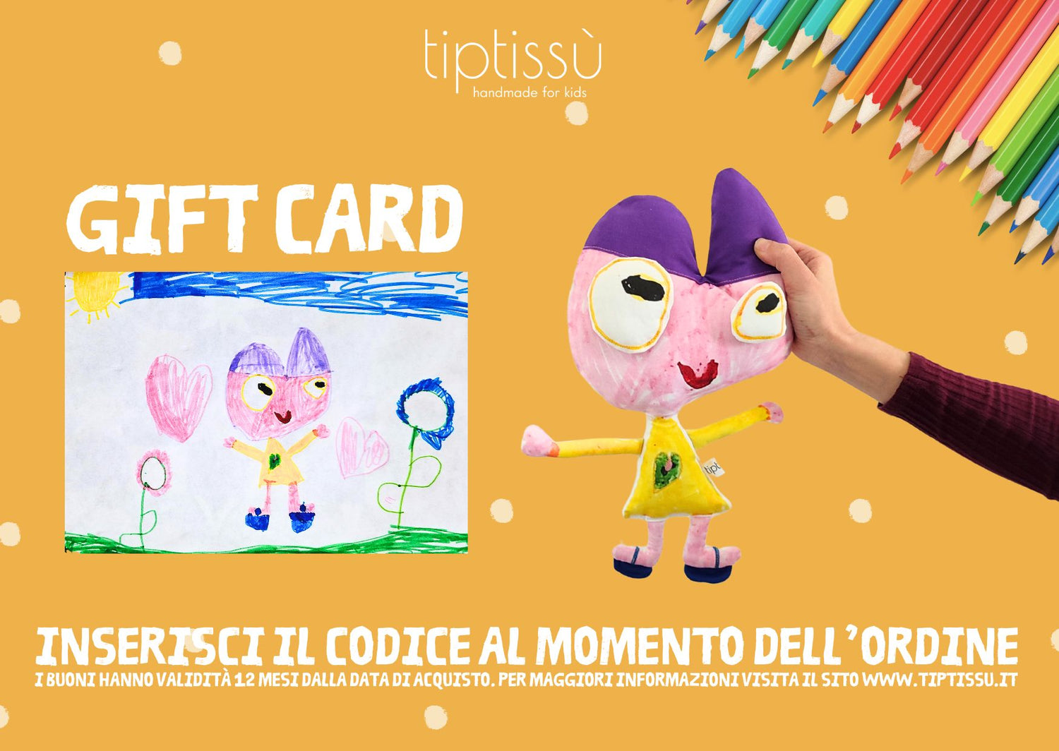 disegno di un bambino trasformato in un pupazzo. tante matite colorate e il testo gift card. Inserisci il codice al momento dell'ordine. 