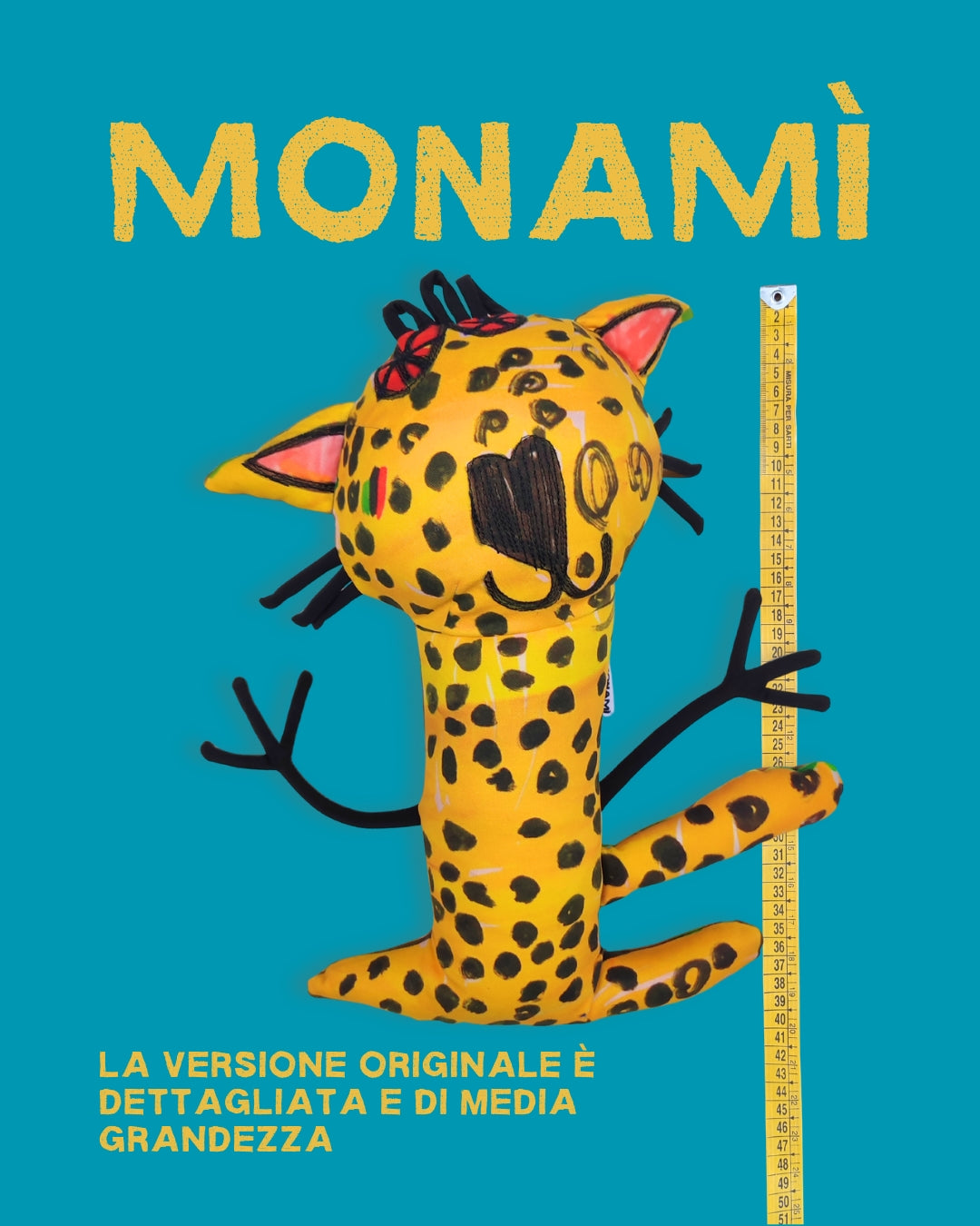 pupazzo Monamì originale (circa 40 cm) realizzato partendo dal disegno di un bambino. raffigura un ghepardo giallo a macchie nere.