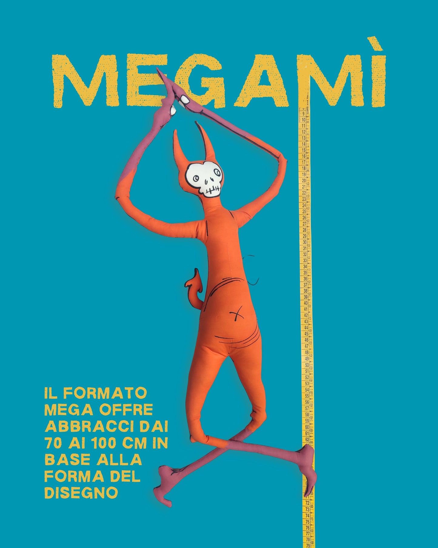 pupazzo realizzato dal disegno di una bambino formato gigante. dai 70 ai 100 cm in base al disegno. quello della foto raffigura un diavoletto arancione.
